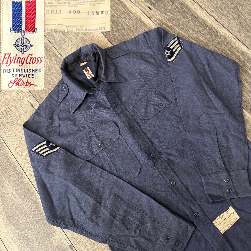 Vintage Flying Cross Navy Wool Military Shirt Air Force Patches 15.5x33 Lippman